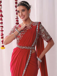 Chhabra 555 Pre-stitched Draped Saree with Aari Embroidered Blouse, Scalloped Lace Border and Belt