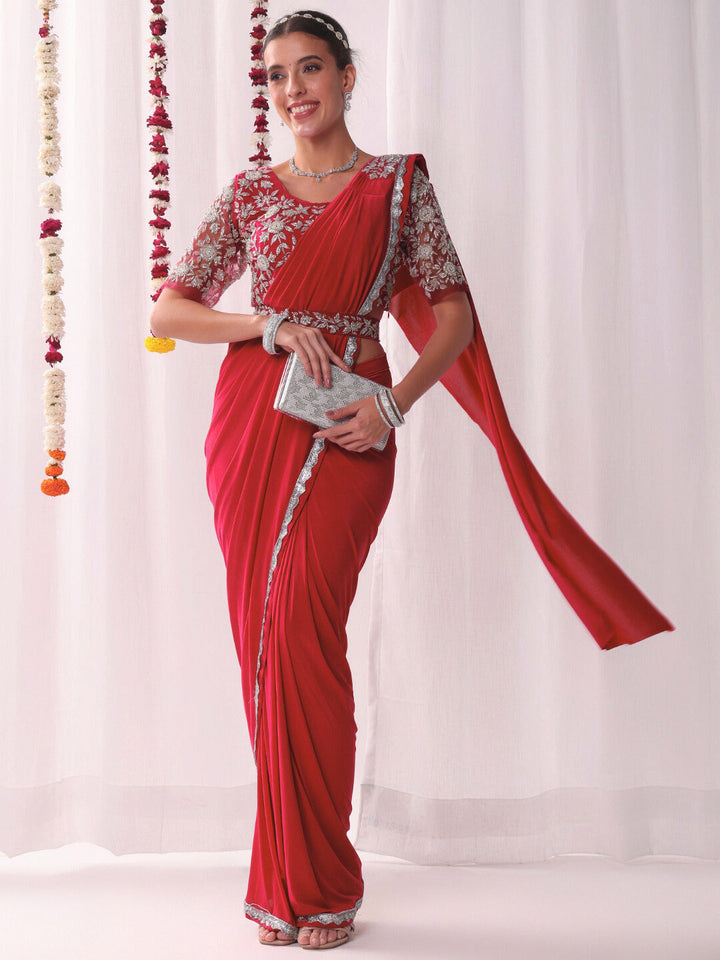 Pre-stitched Draped Saree with Aari Embroidered Blouse, Scalloped Lace Border and Belt