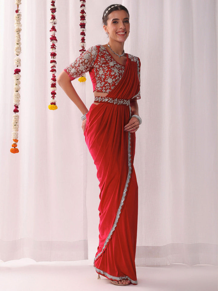 Pre-stitched Draped Saree with Aari Embroidered Blouse, Scalloped Lace Border and Belt