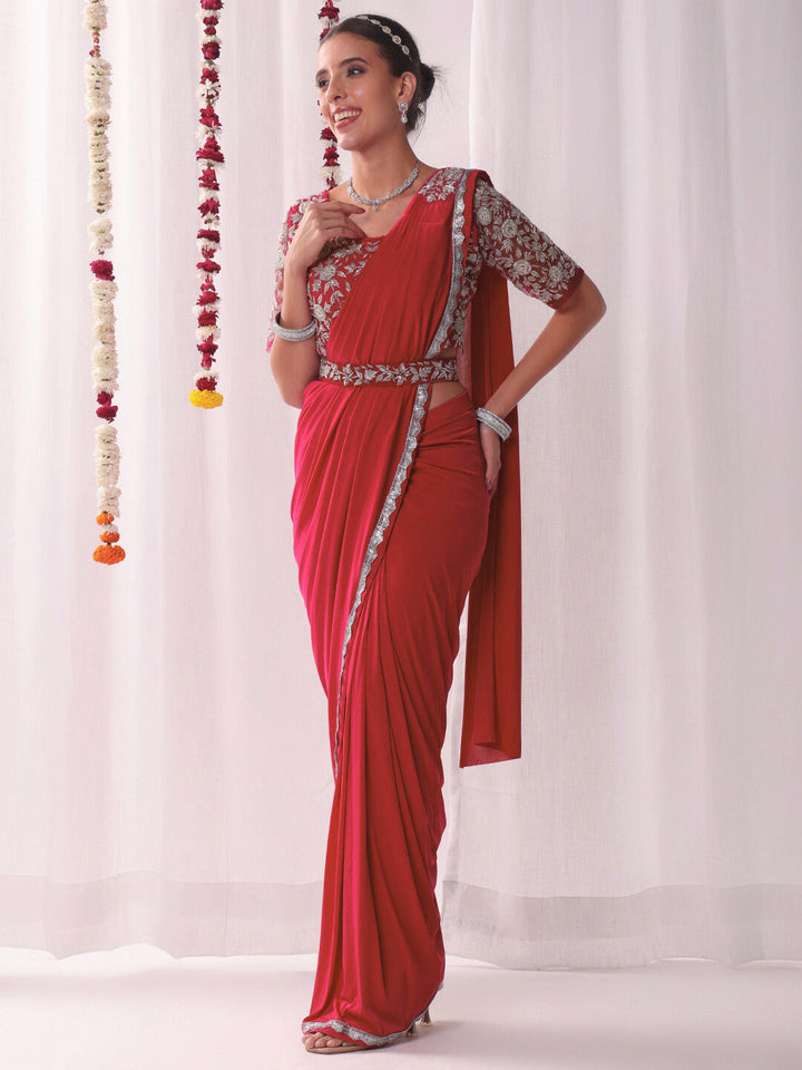 Pre-stitched Draped Saree with Aari Embroidered Blouse, Scalloped Lace Border and Belt
