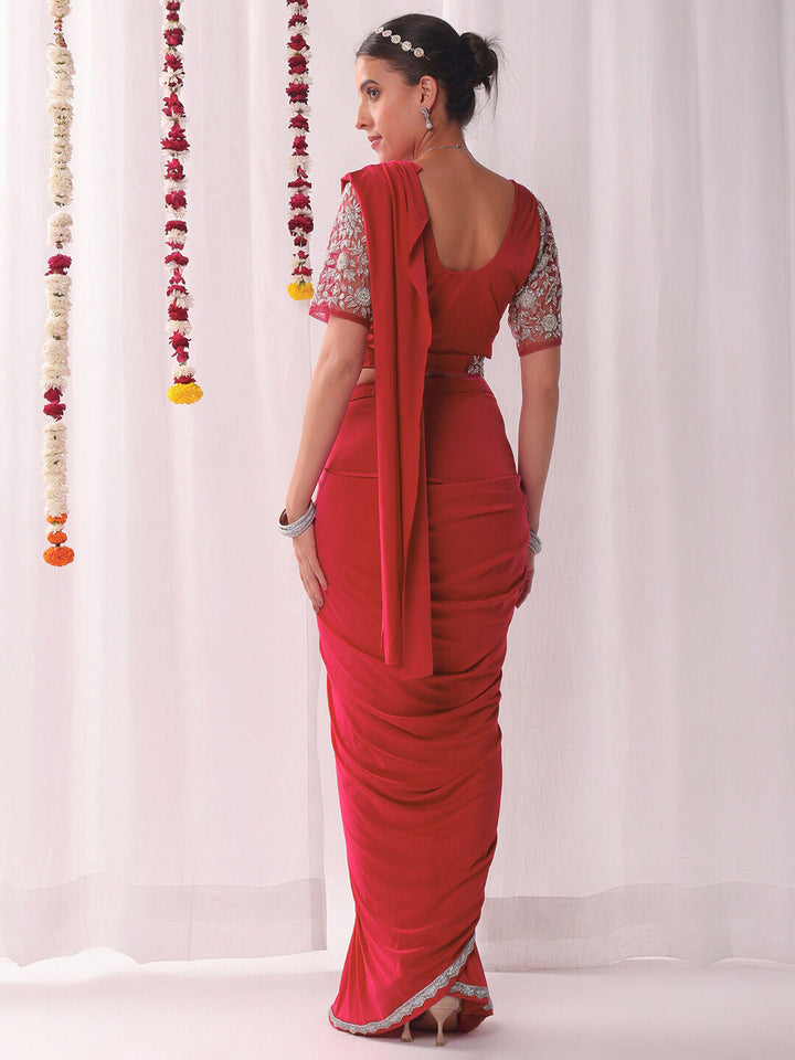Pre-stitched Draped Saree with Aari Embroidered Blouse, Scalloped Lace Border and Belt
