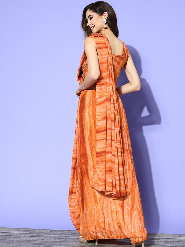 Orange Ombre Marble Prints Draped Saree & Applique Embellished Blouse