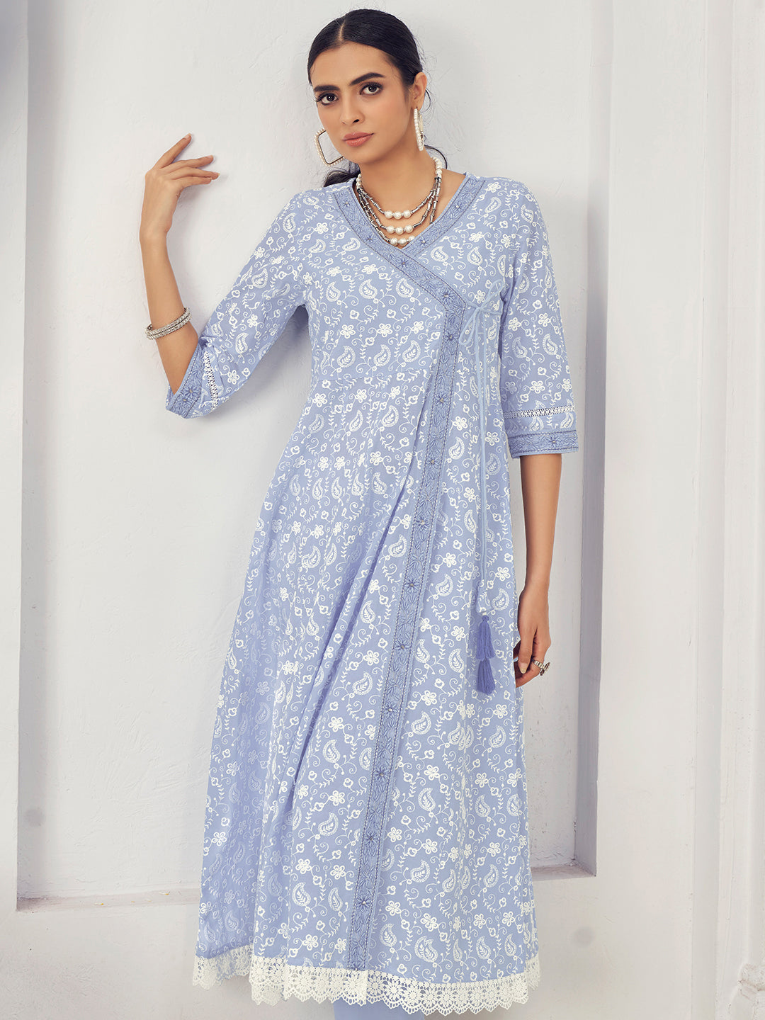 Chhabra 555 Thread Embroidered Chikankari Angrakha Kurta Set with Paisley Motifs & Schiffli Laces