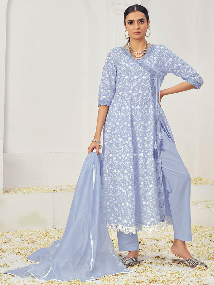 Thread Embroidered Chikankari Angrakha Kurta Set with Paisley Motifs & Schiffli Laces
