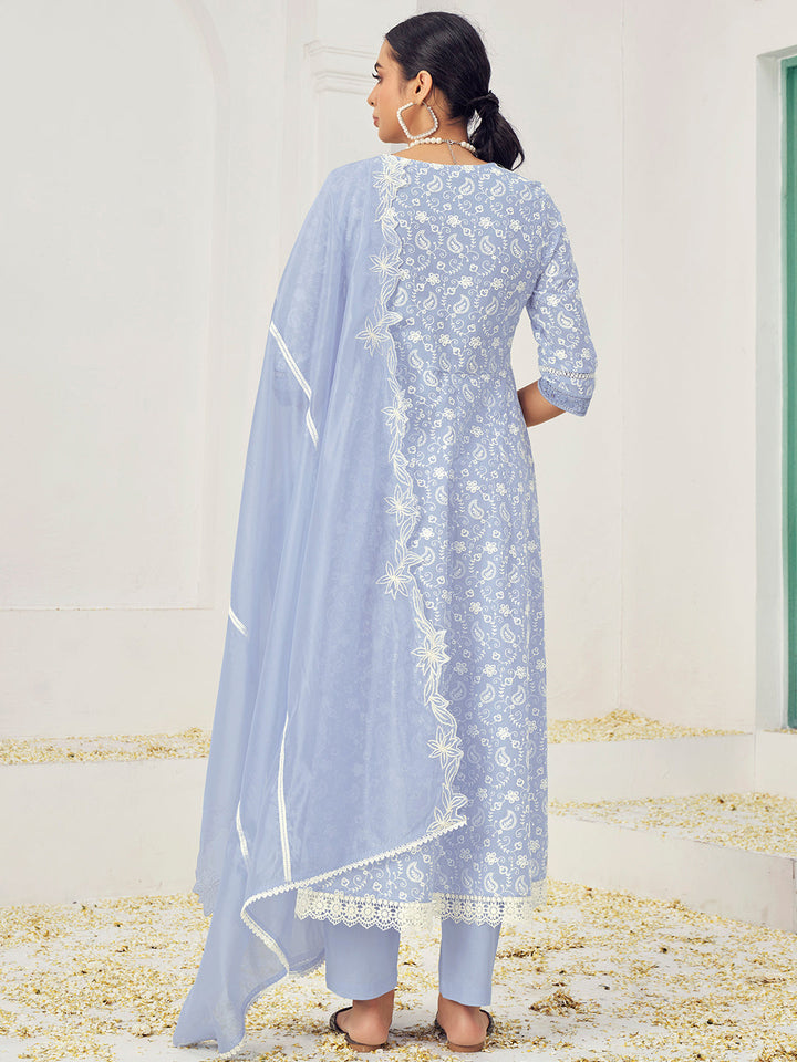 Thread Embroidered Chikankari Angrakha Kurta Set with Paisley Motifs & Schiffli Laces