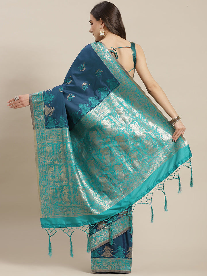 Blue Baluchari Saree with Zari & Resham woven Dancing Pictoral motif