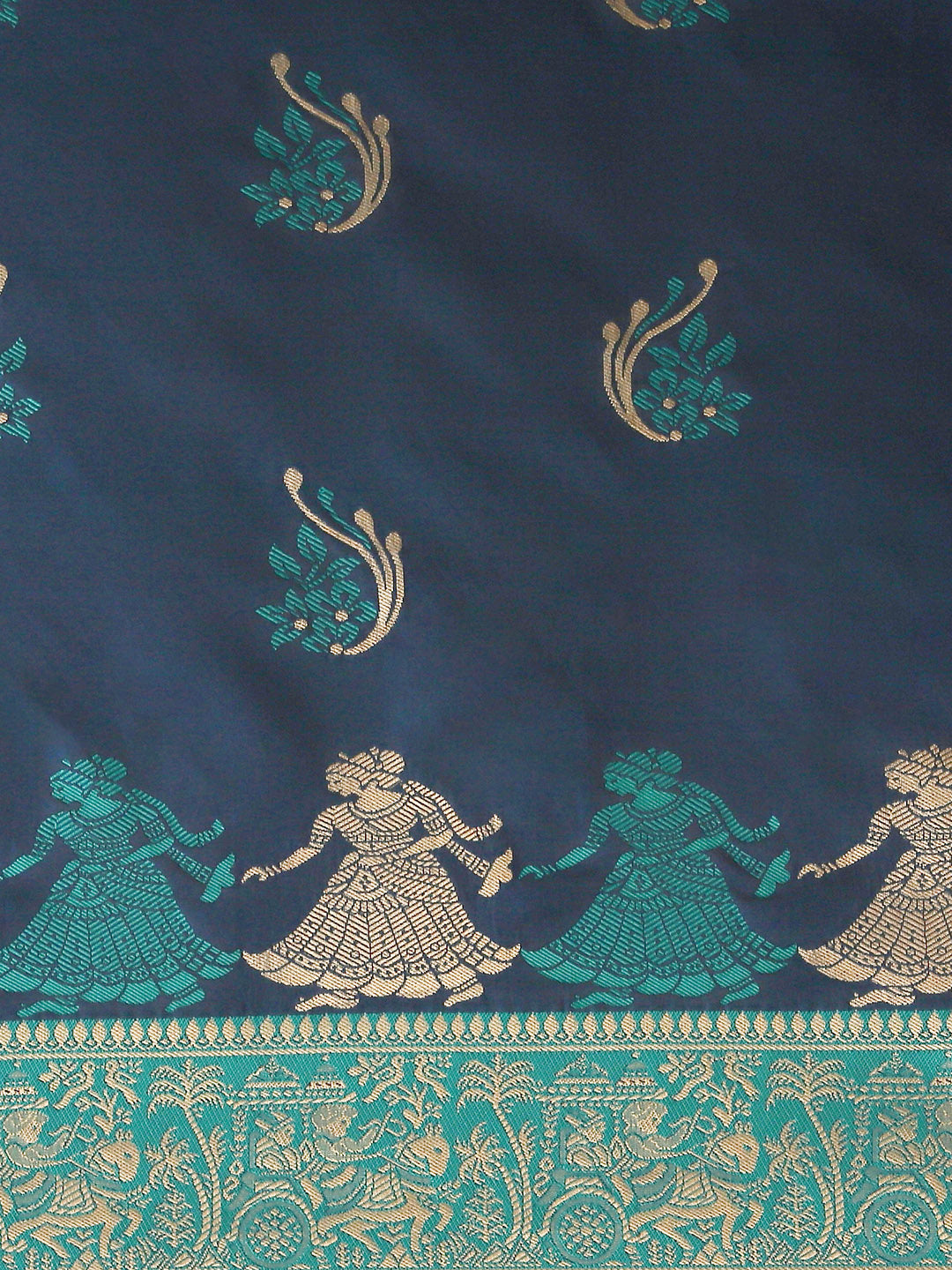 Blue Baluchari Saree with Zari & Resham woven Dancing Pictoral motif
