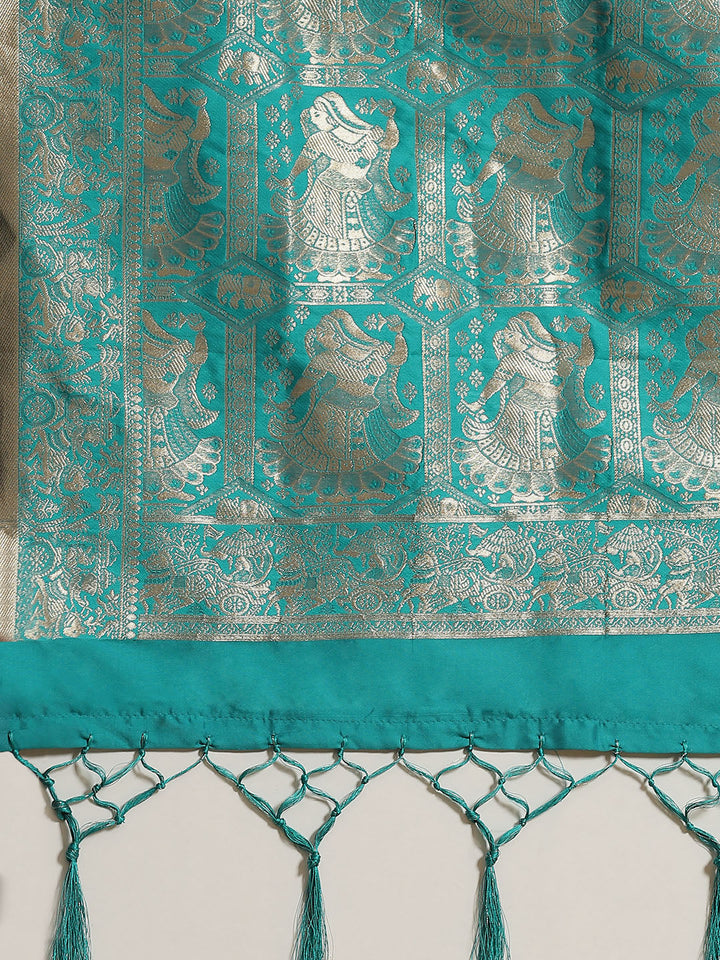 Blue Baluchari Saree with Zari & Resham woven Dancing Pictoral motif