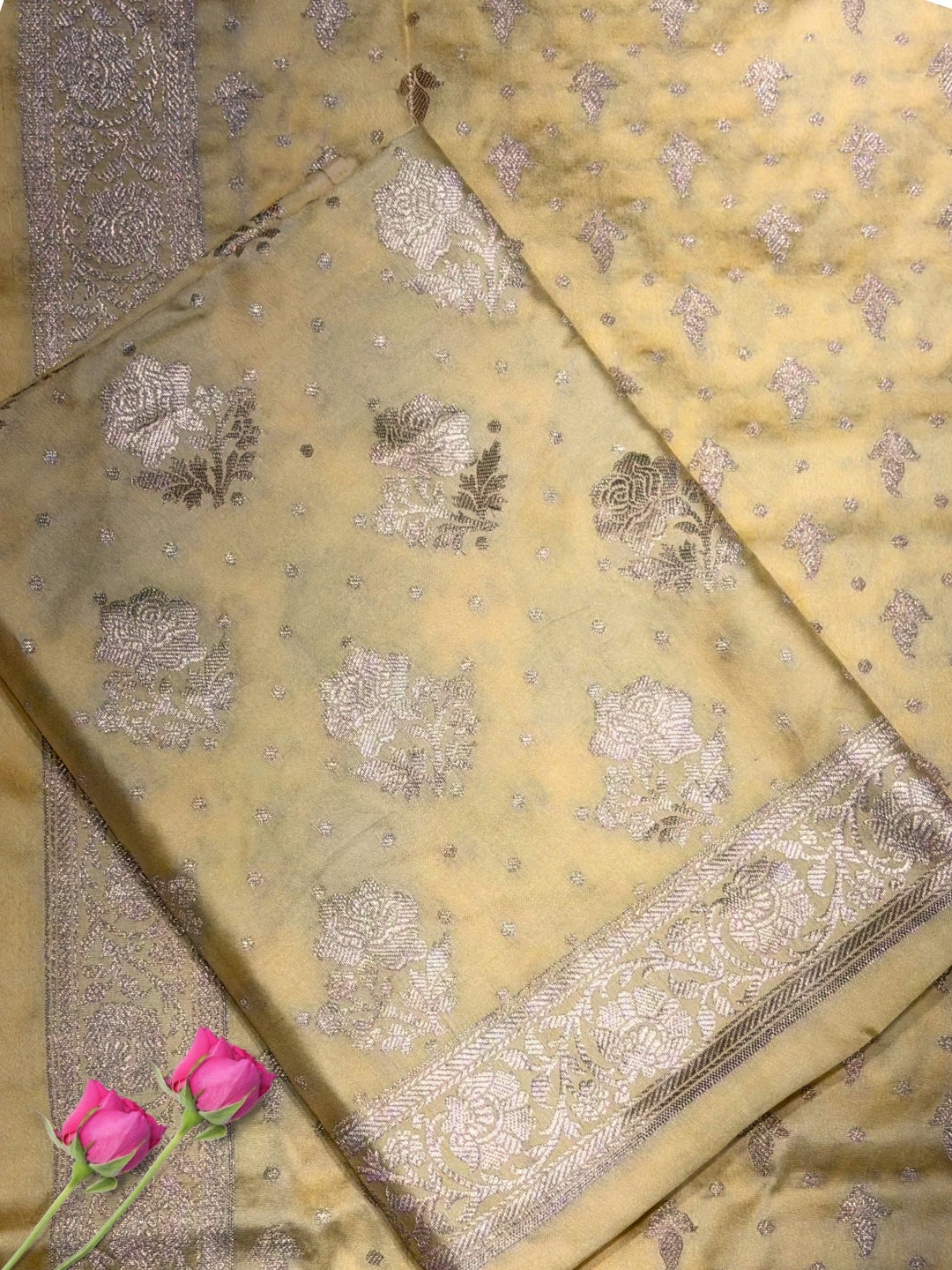 Lemon Yellow Zari Woven Banarasi Silk Dress Material with Floral Motif Jhalar dupatta