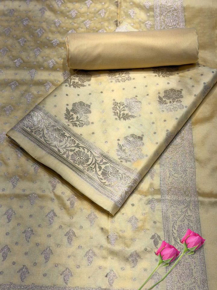 Lemon Yellow Zari Woven Banarasi Silk Dress Material with Floral Motif Jhalar dupatta