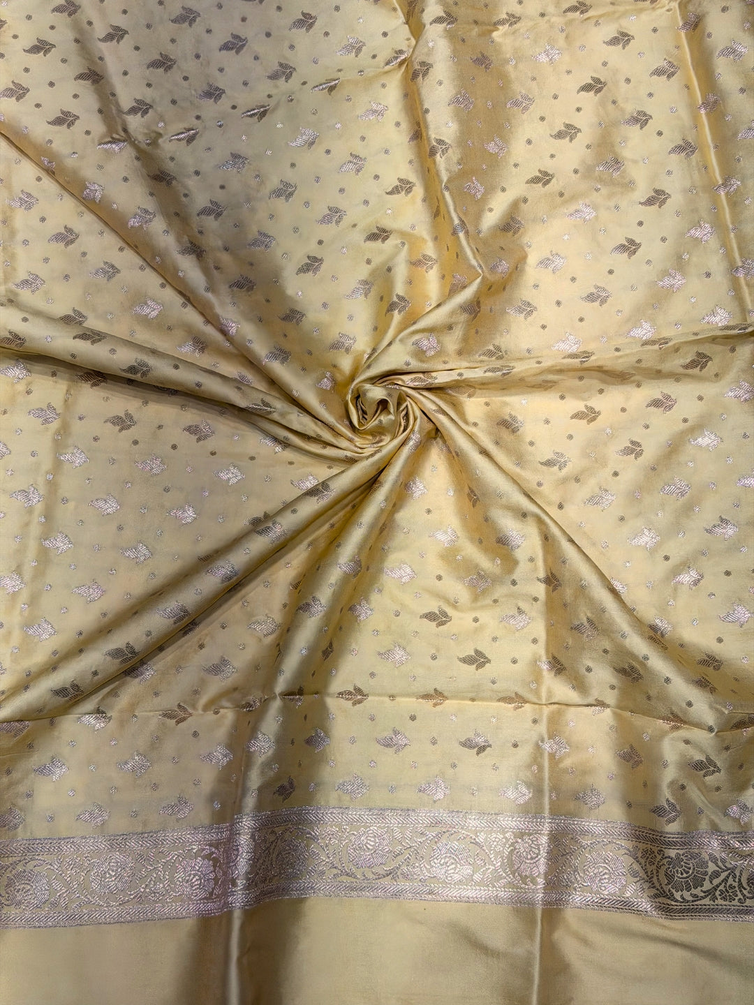 Lemon Yellow Zari Woven Banarasi Silk Dress Material with Floral Motif Jhalar dupatta