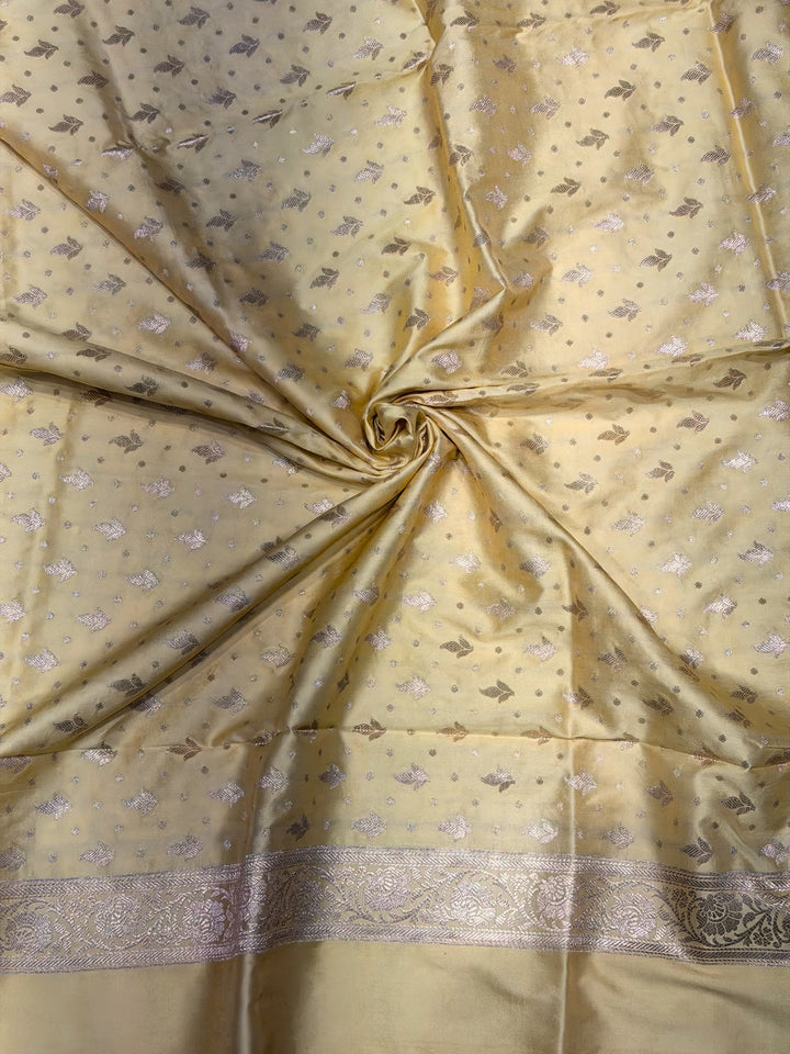 Lemon Yellow Zari Woven Banarasi Silk Dress Material with Floral Motif Jhalar dupatta