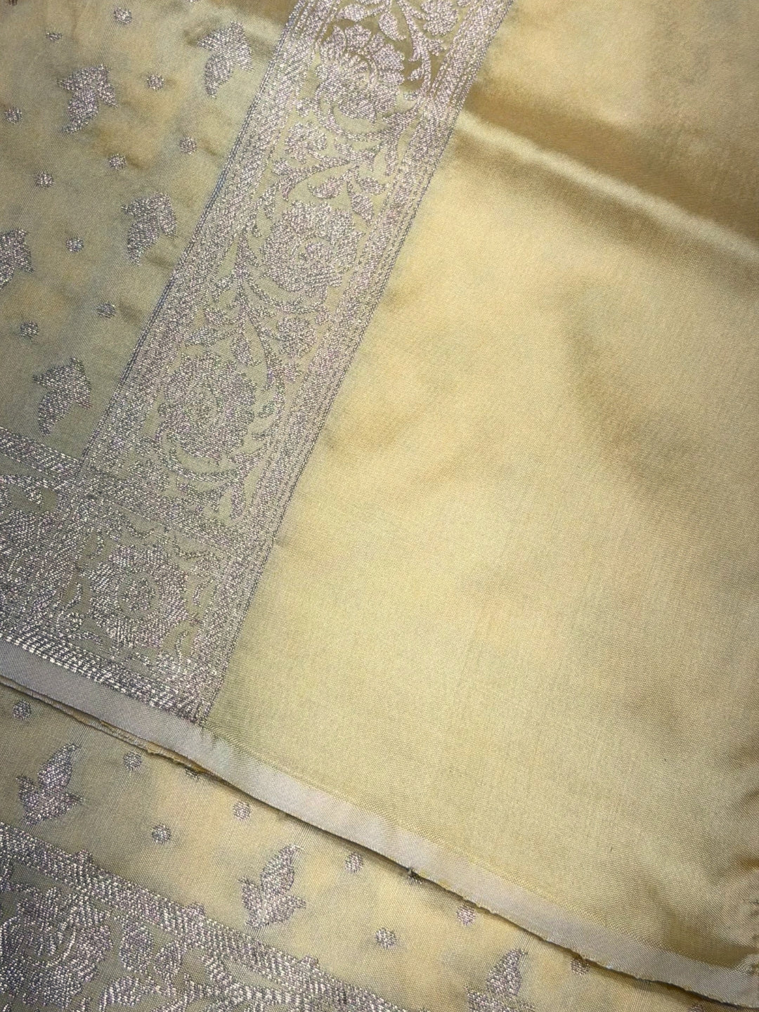 Lemon Yellow Zari Woven Banarasi Silk Dress Material with Floral Motif Jhalar dupatta