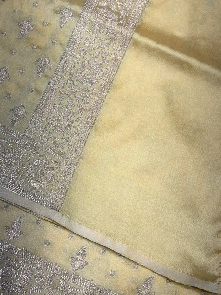 Lemon Yellow Zari Woven Banarasi Silk Dress Material with Floral Motif Jhalar dupatta