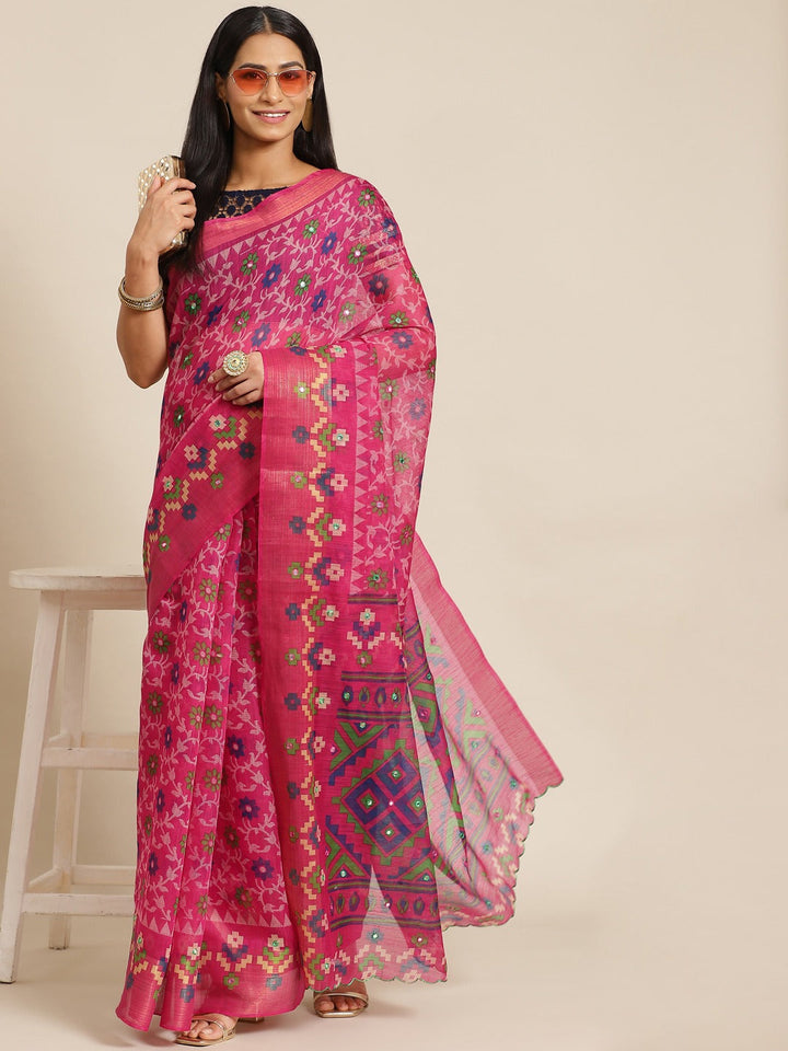 Magenta Abstract Geometrical Tribal Printed Chanderi Silk Saree