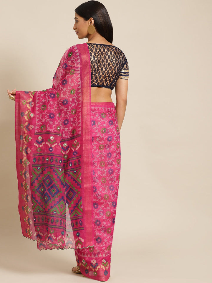 Magenta Abstract Geometrical Tribal Printed Chanderi Silk Saree
