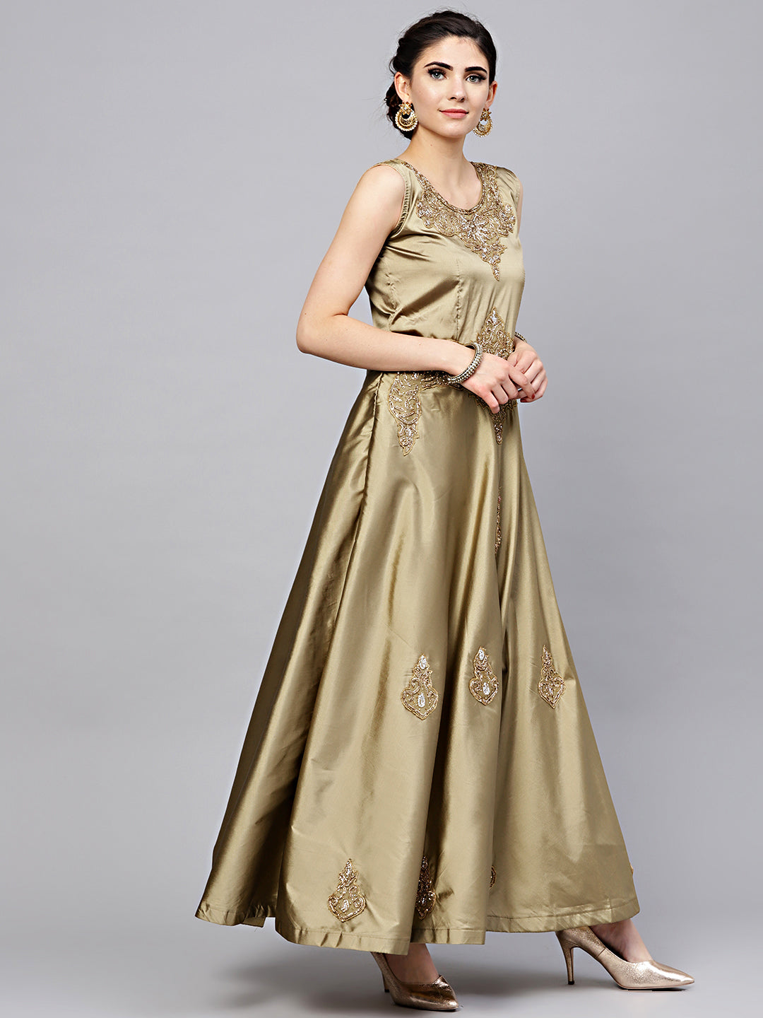 Jewelled Neckline Silk Floor Length Flared Suit