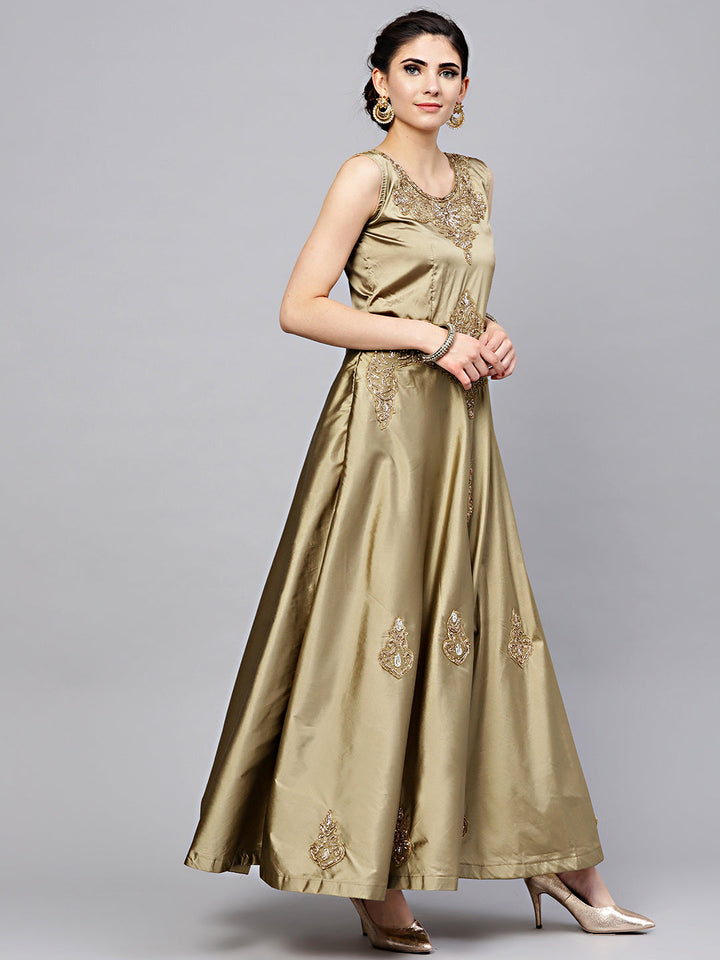 Jewelled Neckline Silk Floor Length Flared Suit