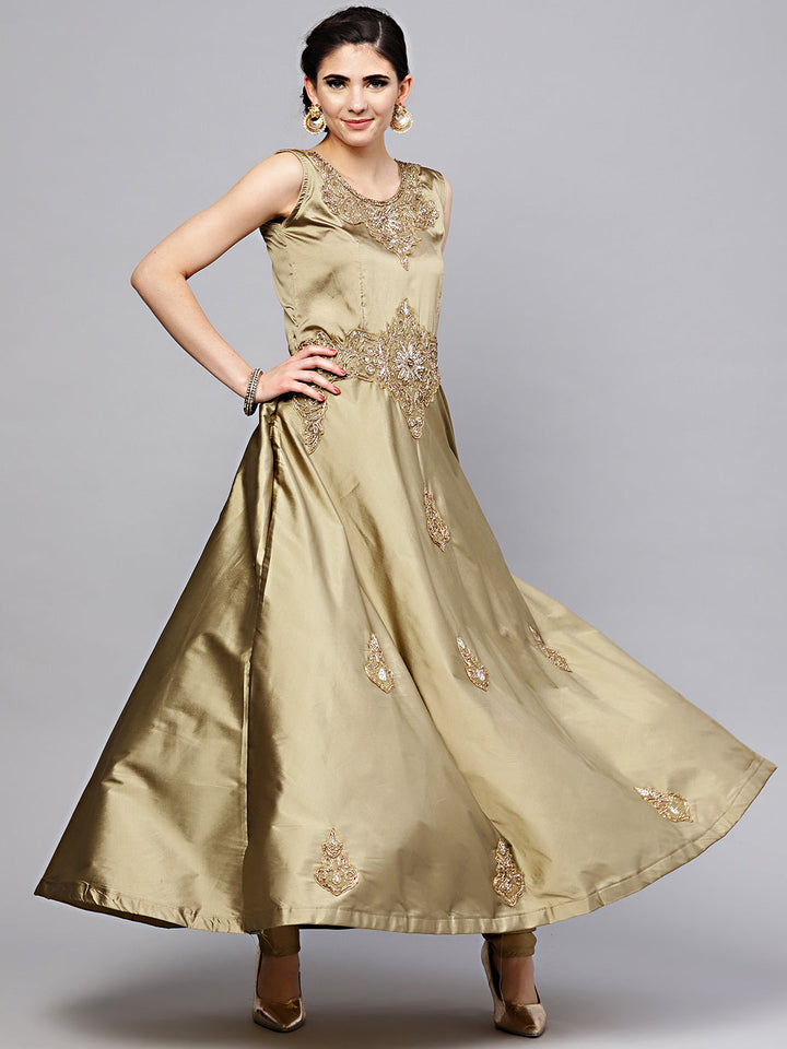 Jewelled Neckline Silk Floor Length Flared Suit