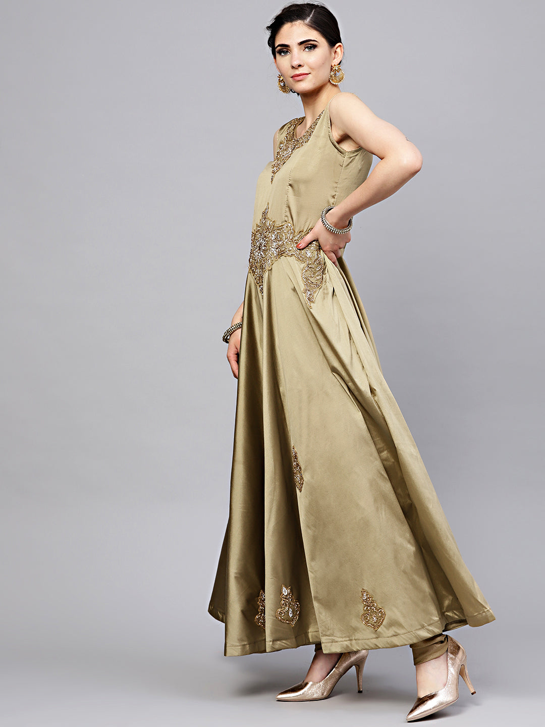 Jewelled Neckline Silk Floor Length Flared Suit