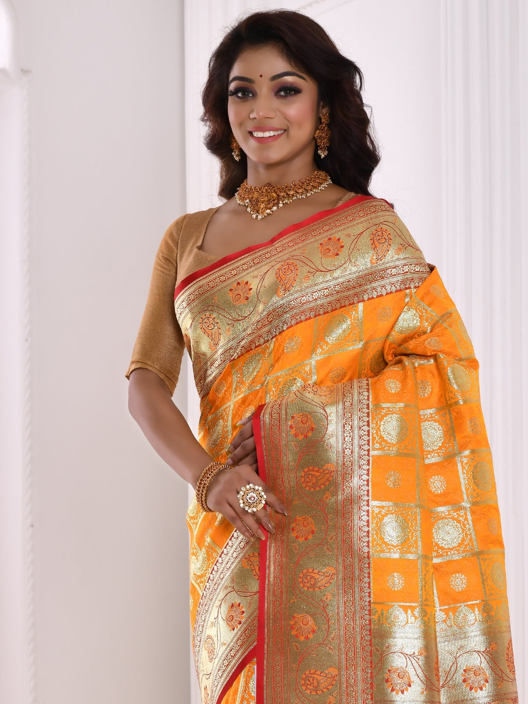 Yellow & Mustard Woven Design Zari Silk Blend Kanjeevaram Saree