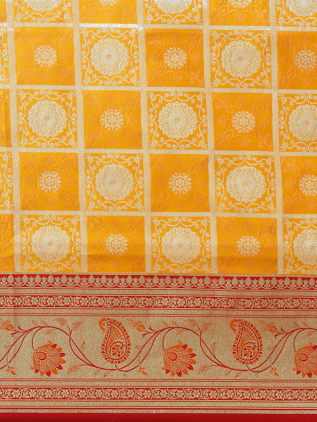 Yellow Kanjeevaram Wedding Silk Saree With Gold Zari,Gharchola Pattern