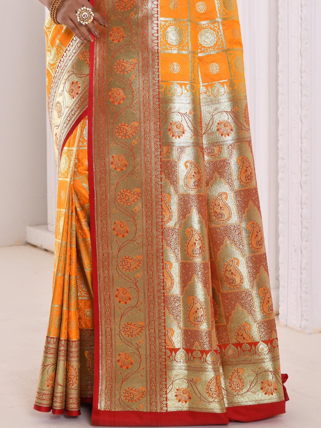 Yellow & Mustard Woven Design Zari Silk Blend Kanjeevaram Saree