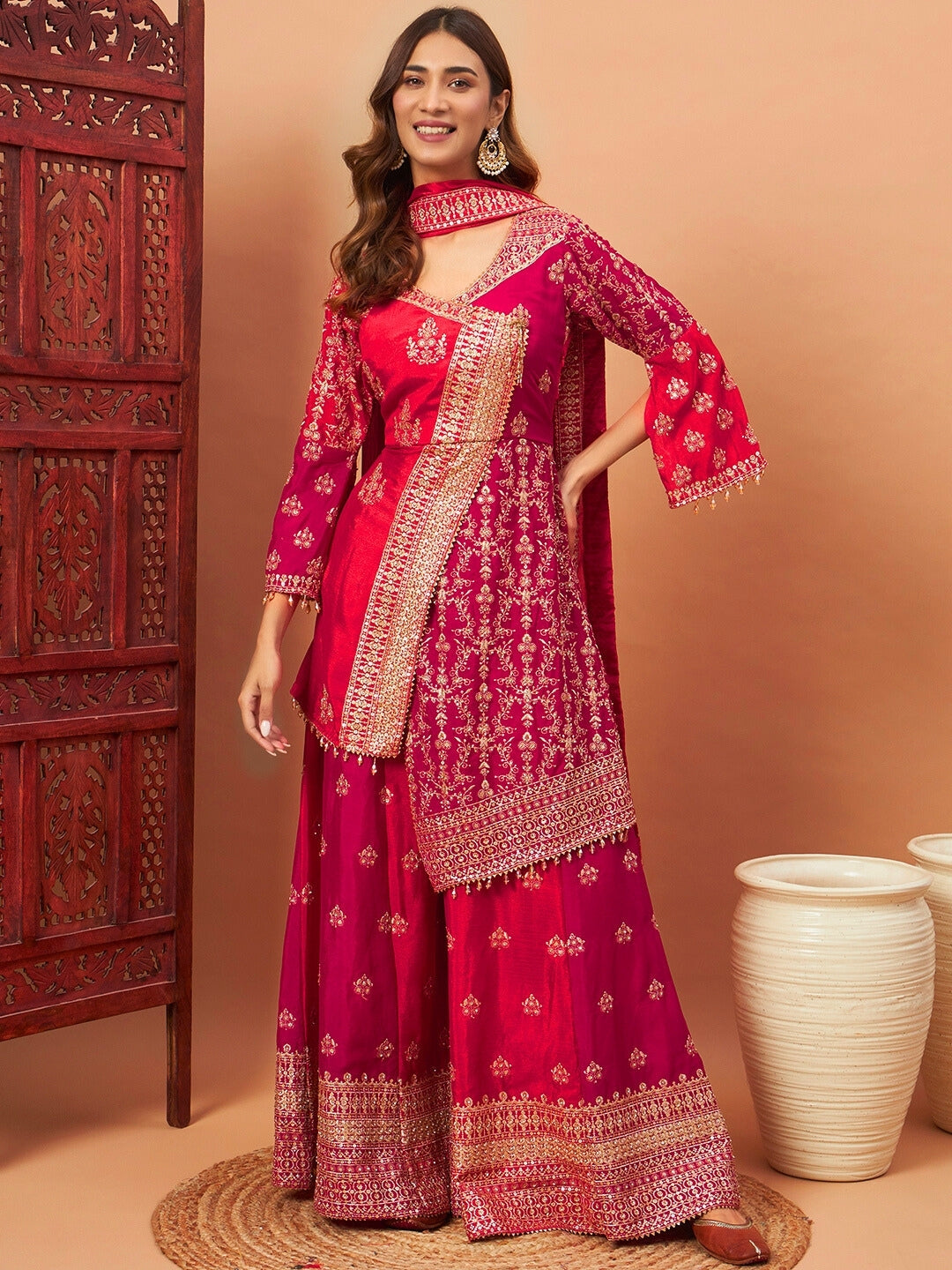 Red & Pink Angrakha Asymmetrical hemline Kurta Palazzo Set with Tasseled hemline