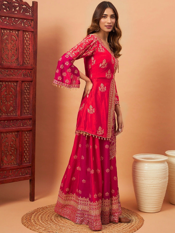 Red & Pink Angrakha Asymmetrical hemline Kurta Palazzo Set with Tasseled hemline