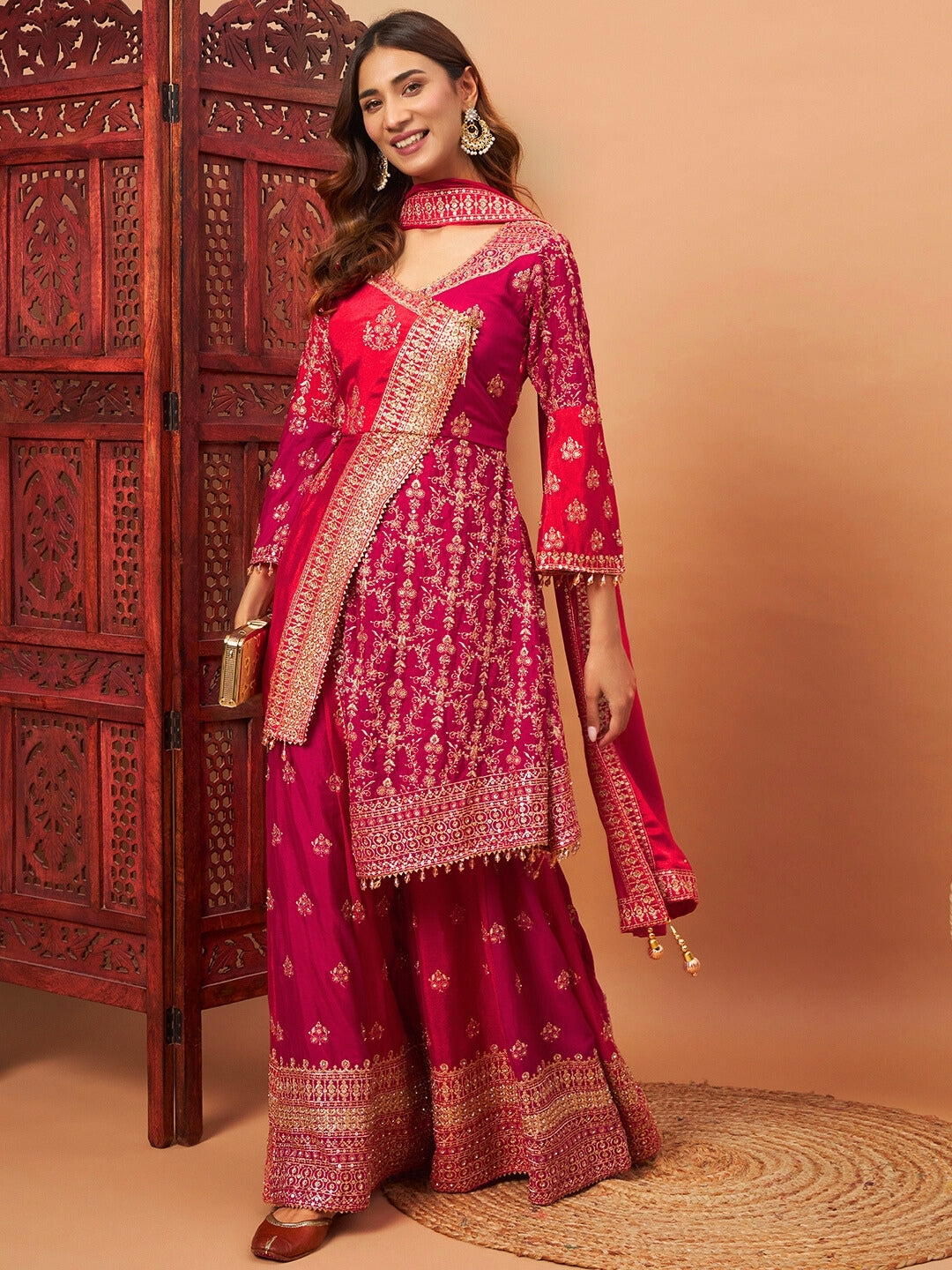 Red & Pink Angrakha Asymmetrical hemline Kurta Palazzo Set with Tasseled hemline