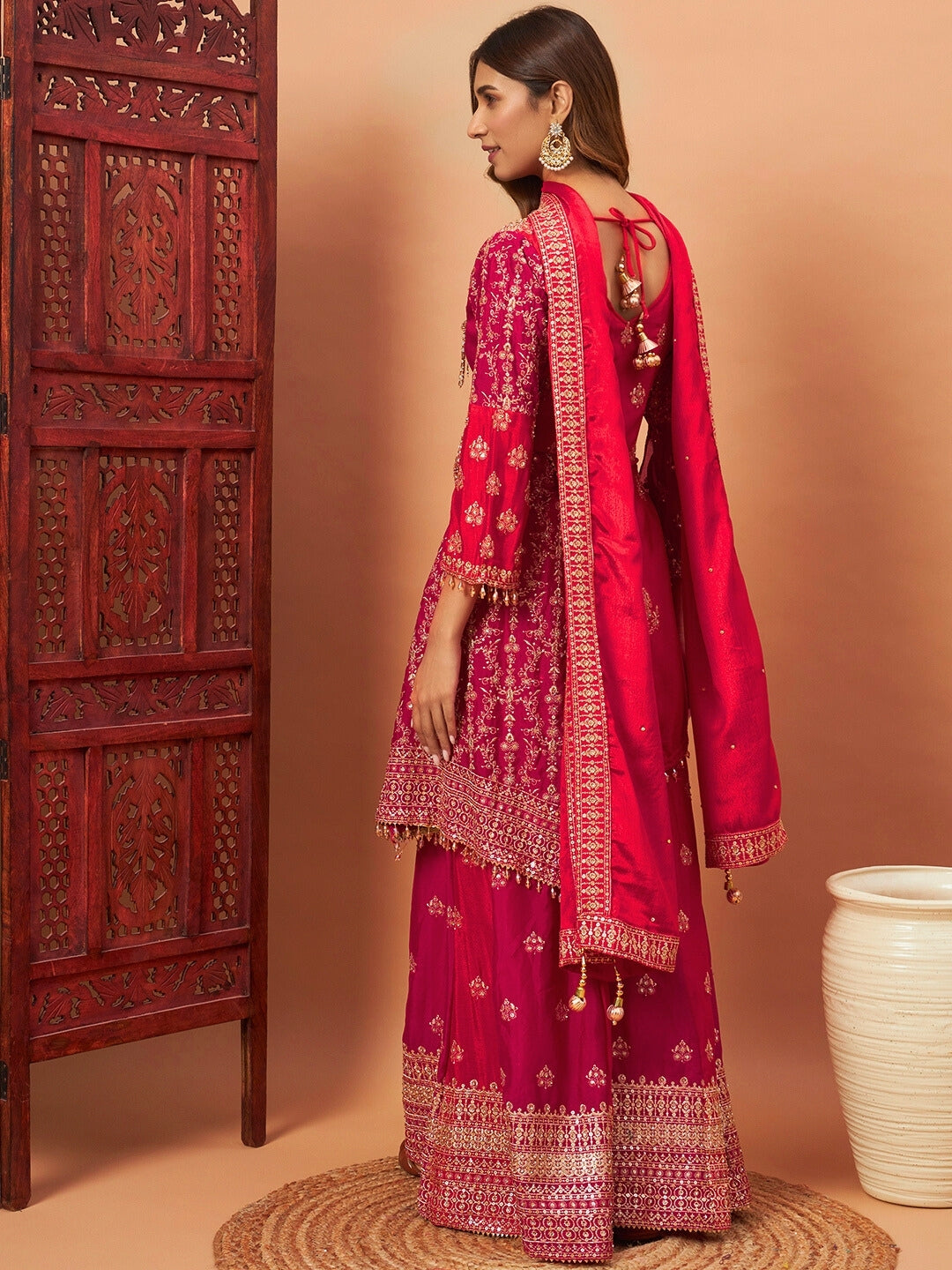 Red & Pink Angrakha Asymmetrical hemline Kurta Palazzo Set with Tasseled hemline