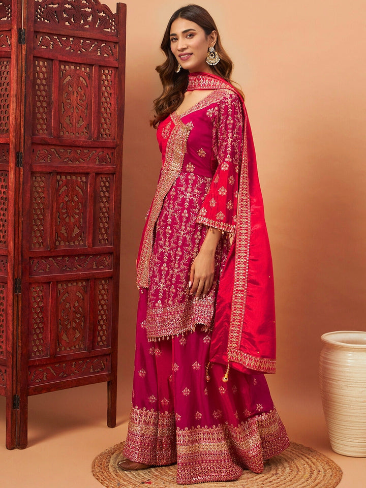 Red & Pink Angrakha Asymmetrical hemline Kurta Palazzo Set with Tasseled hemline