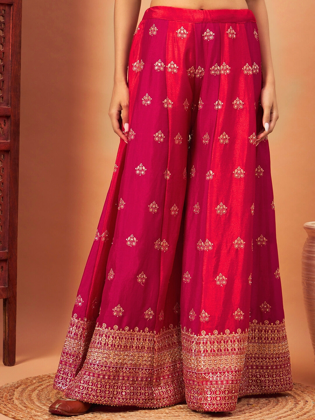 Red & Pink Angrakha Asymmetrical hemline Kurta Palazzo Set with Tasseled hemline