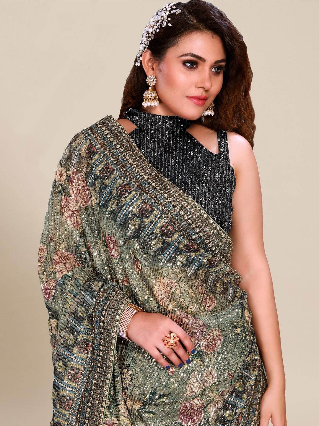 Flowy Stretch Georgette Saree Allover Sequin Embroidery