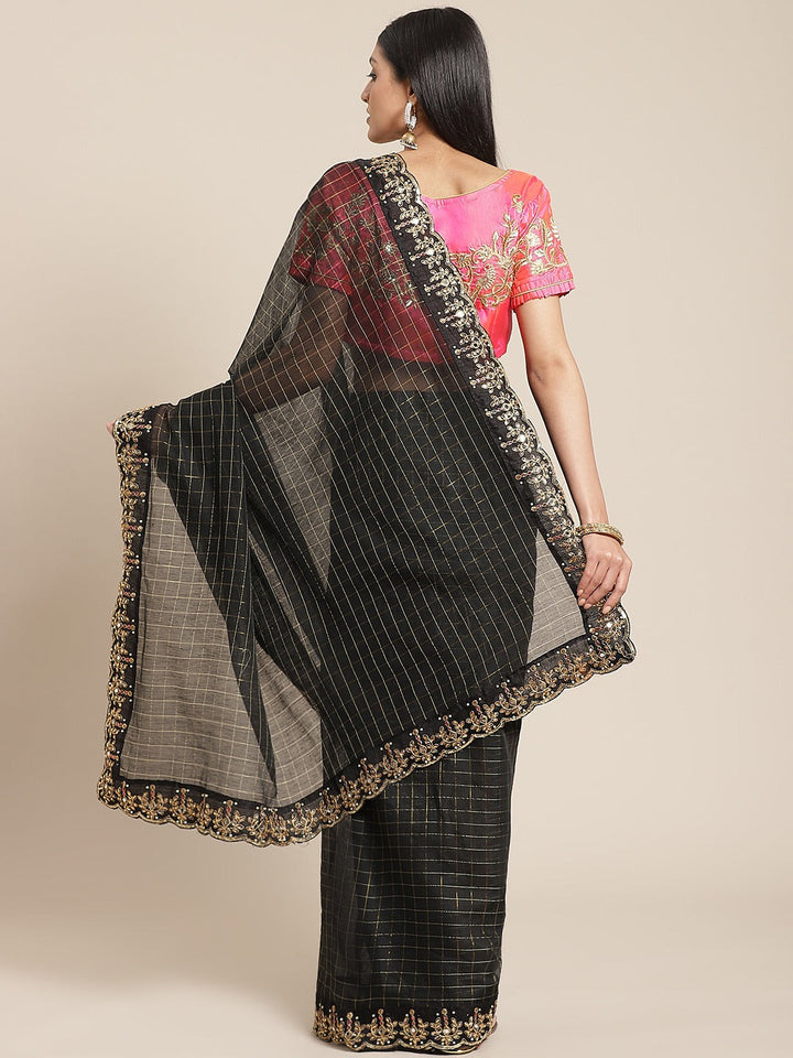 Black Gharchola Saree With Scalloped Kundan Border & Embellished Kasab Blouse