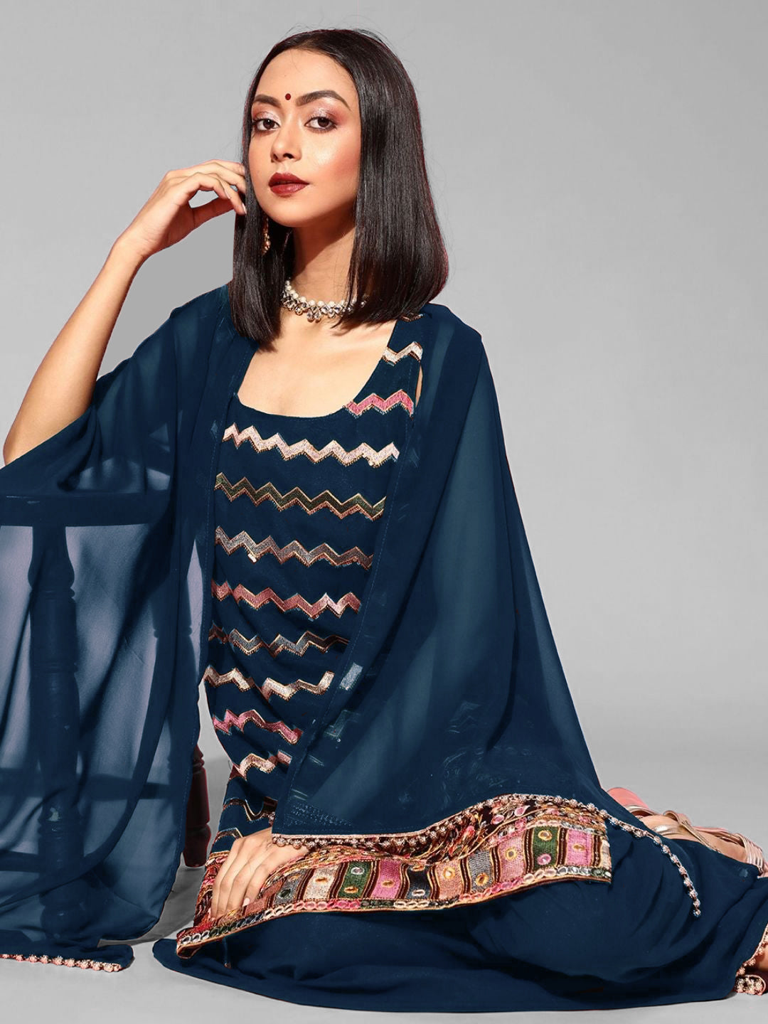 Resham Mirror Embroidery Sharara Suit Set & Dupatta