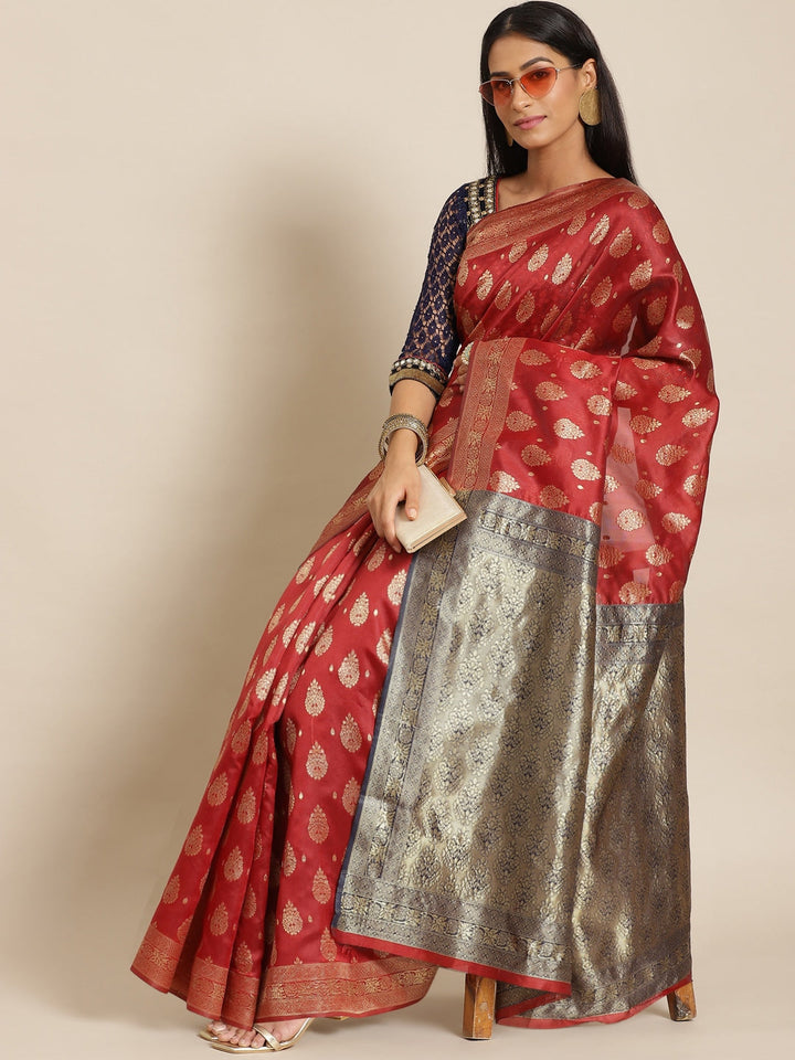 Maroon Silk Blend Banarasi Traditional Saree With Contrast Blue Pallu
