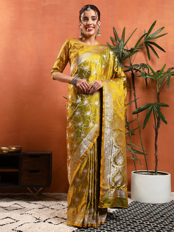 Banarasi Handloom Traditional Satin Silk Saree with Floral Motif Zari Meenakari Weaving
