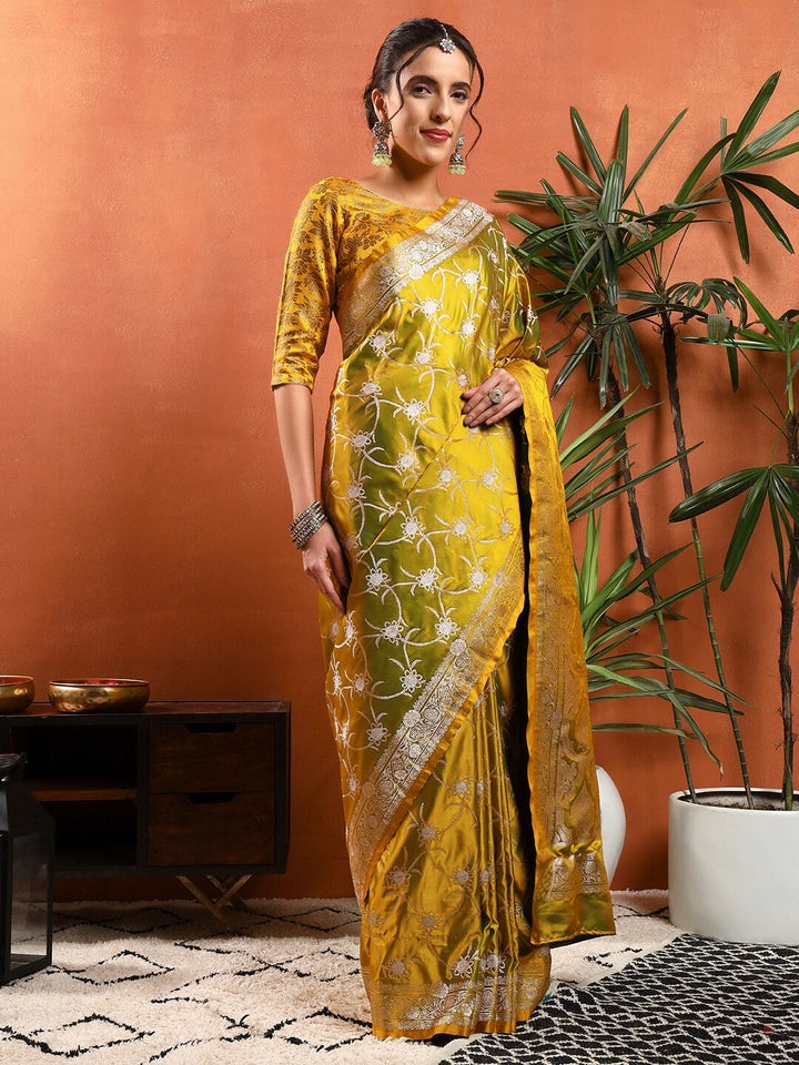 Banarasi Handloom Traditional Satin Silk Saree with Floral Motif Zari Meenakari Weaving