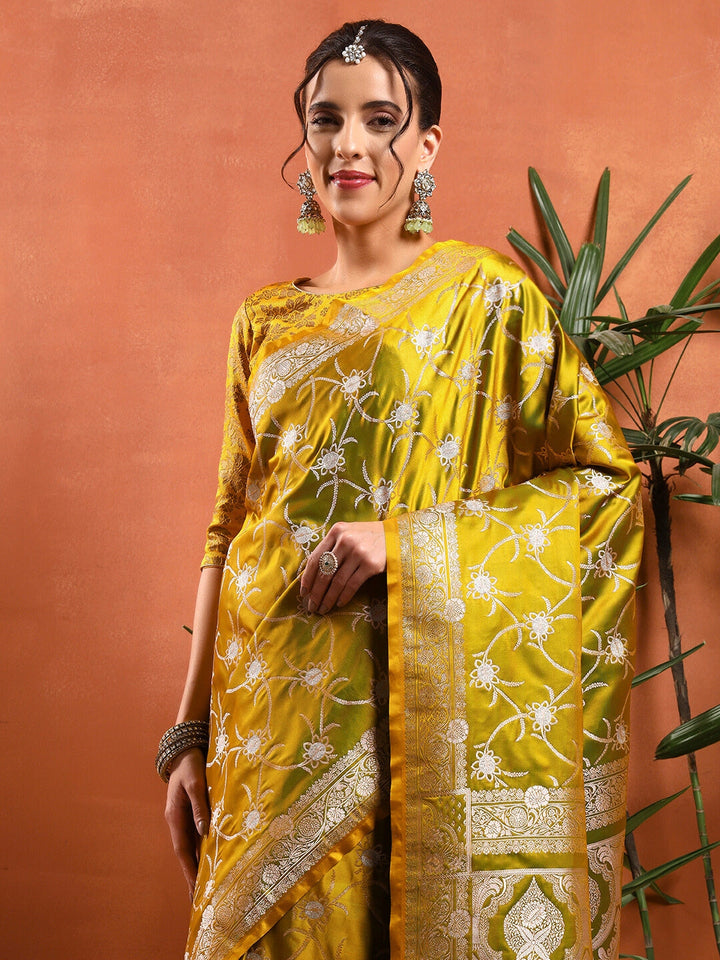 Banarasi Handloom Traditional Satin Silk Saree with Floral Motif Zari Meenakari Weaving