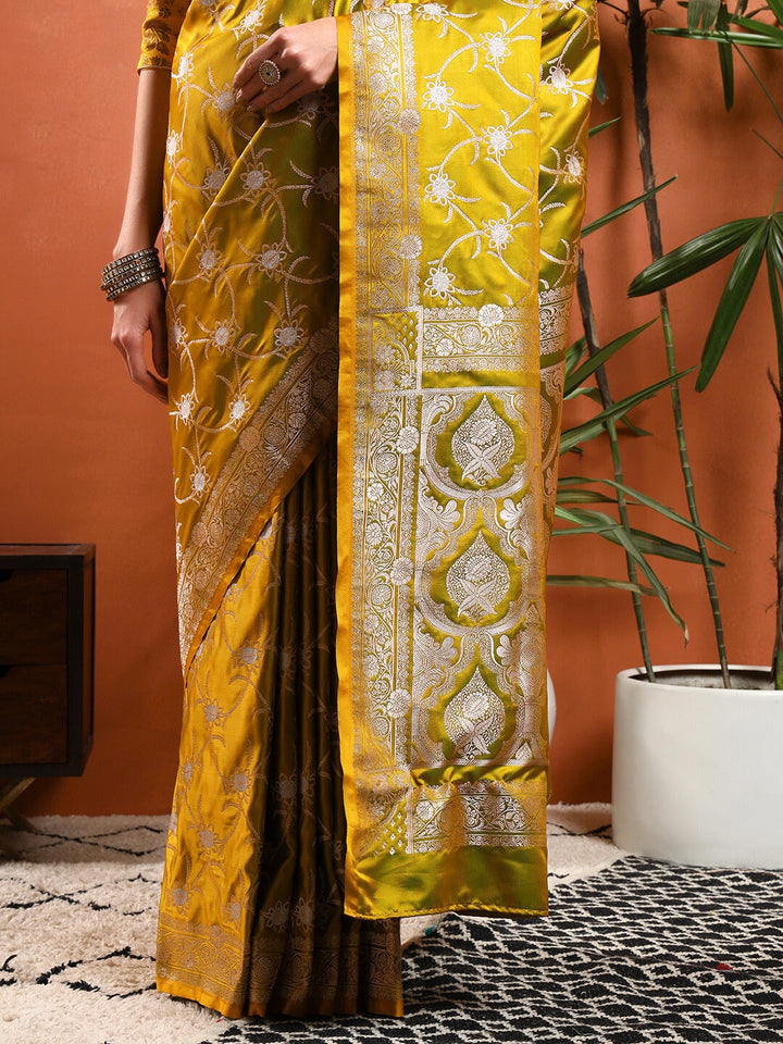 Banarasi Handloom Traditional Satin Silk Saree with Floral Motif Zari Meenakari Weaving