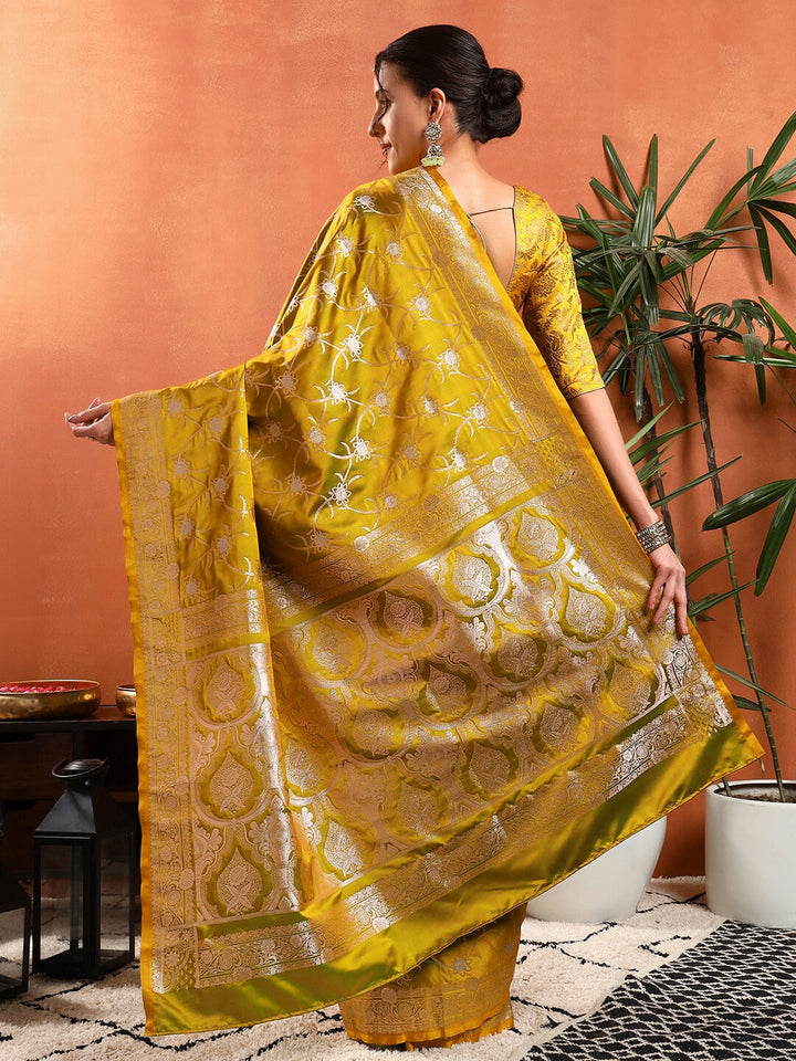 Banarasi Handloom Traditional Satin Silk Saree with Floral Motif Zari Meenakari Weaving