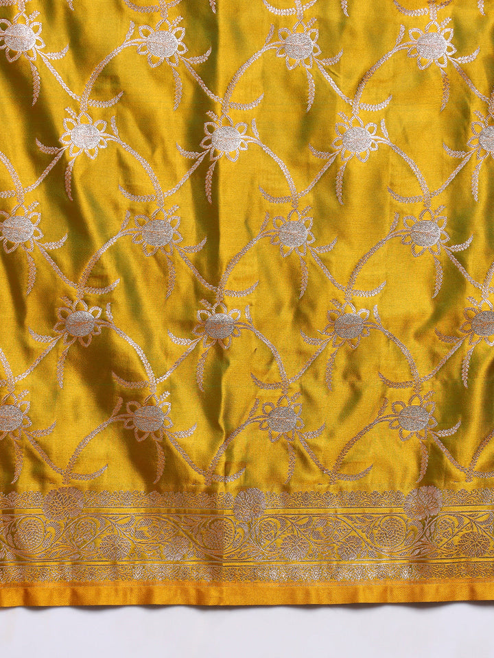 Banarasi Handloom Traditional Satin Silk Saree with Floral Motif Zari Meenakari Weaving