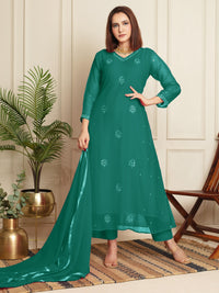 Chiffon Zari Embroidered Kurta Set with Stylized V-neck, Straight Pants & Floral Motifs