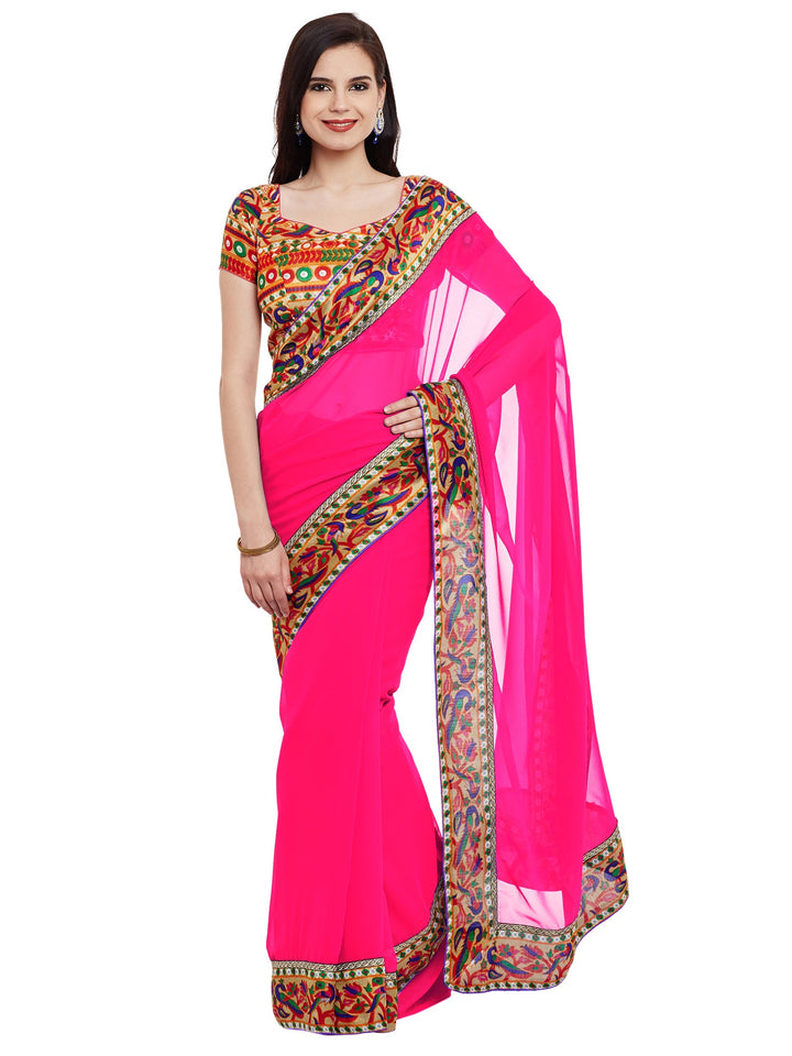 Pink Georgette Saree with Art Silk Paithani Print Blouse