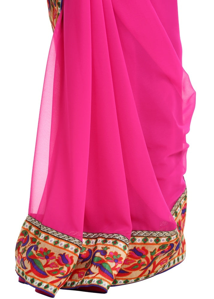Pink Georgette Saree with Art Silk Paithani Print Blouse