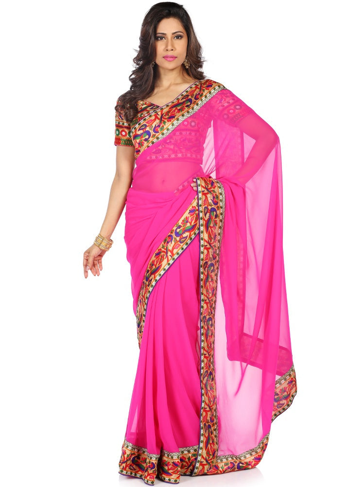 Pink Georgette Saree with Art Silk Paithani Print Blouse