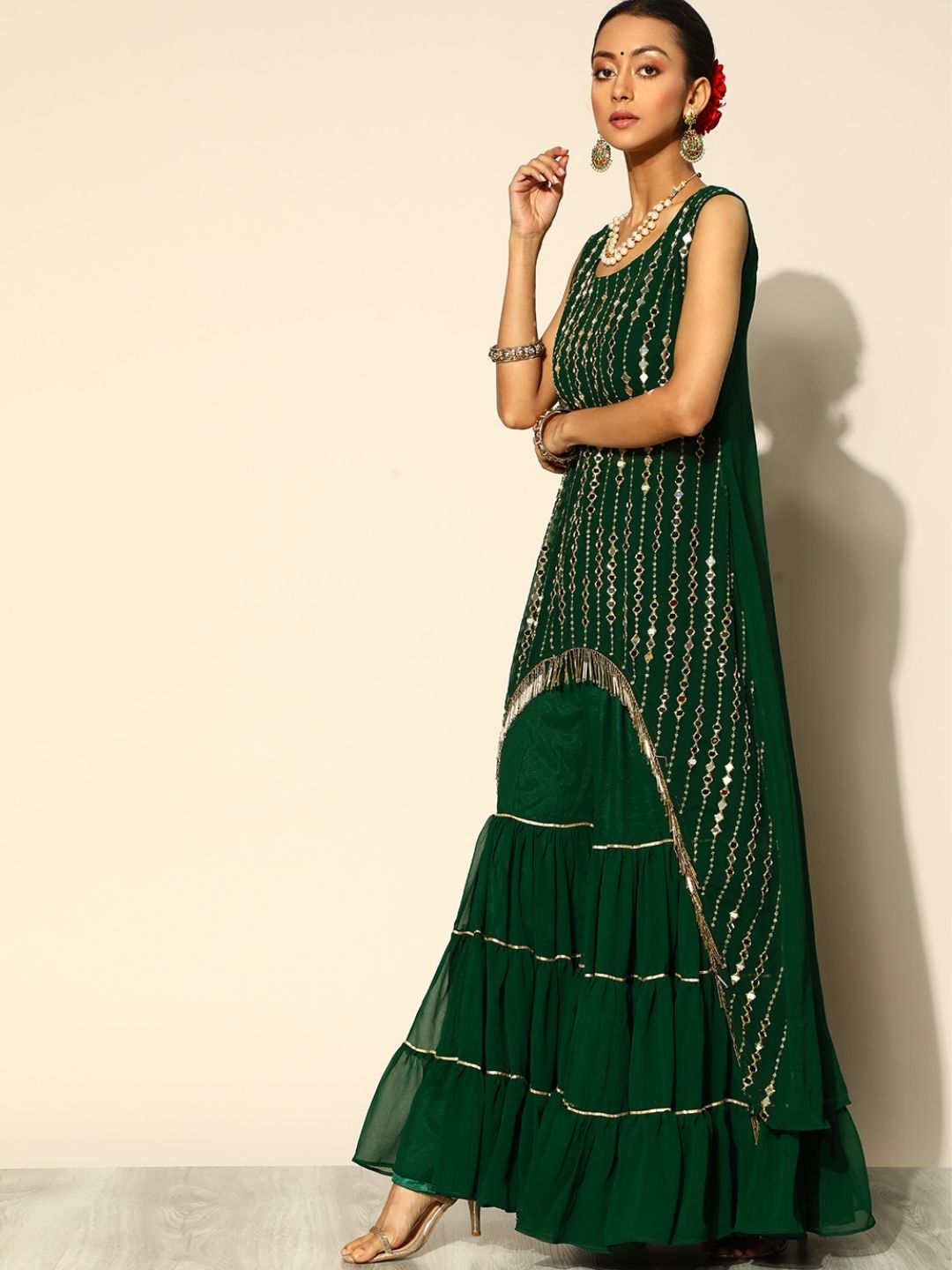 Kurta Sharara Set with Mirror Embroidery and Tassels
