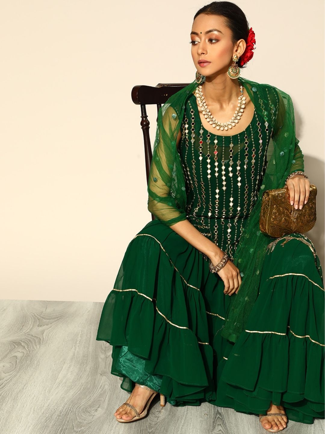 Kurta Sharara Set with Mirror Embroidery and Tassels