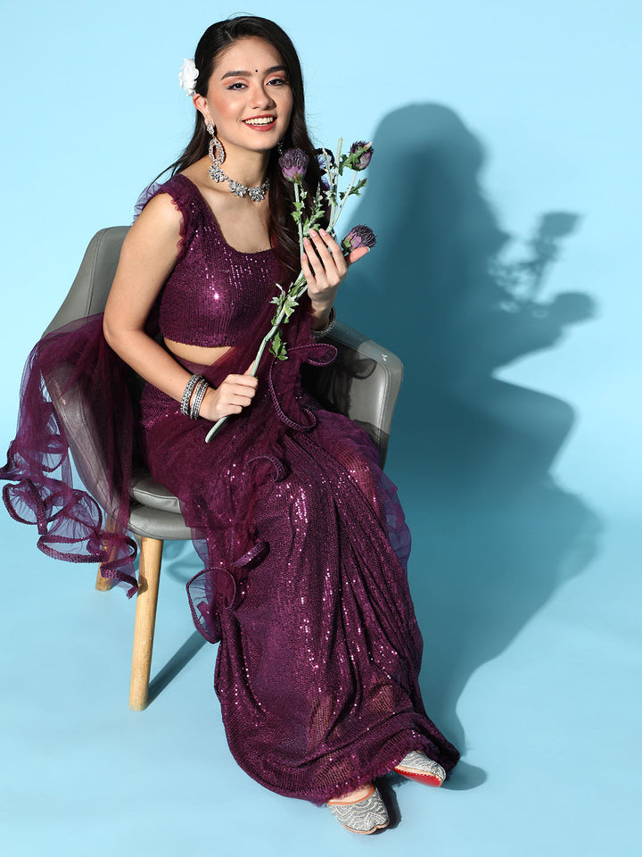 Ruffled Pre-Stitched Draped Tulle Saree with Sequin Embellished blouse